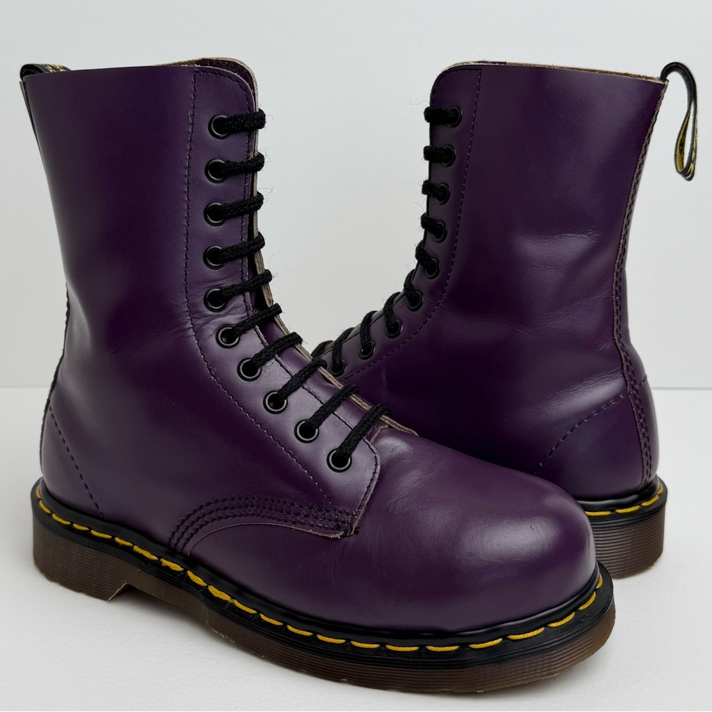 Vintage Dr. Martens England 1919 Purple Leather Steel Toe 10 Eye Boots UK 5 - Picture 1 of 16